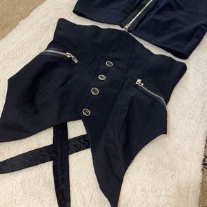 Bebe 2Piece Linen Viscose Tailor Zipper Sexy Vest Slim Mini Skirt Fit Black Suit